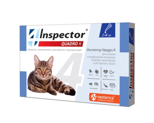 Inspector  Quadro капли на холку для кошек 1-4 кг, от глистов, насекомых, клещей 0,4 мл