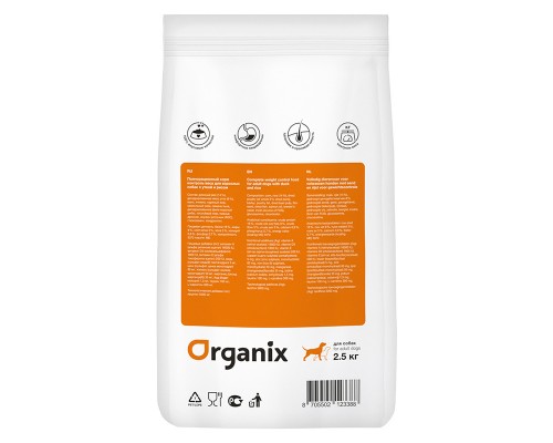 ORGANIX сухой корм для взрослых собак, контроль веса, с уткой и рисом 12 кг