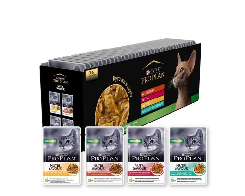 Purina Pro Plan (паучи) мультипак Паучи для кастрированных кошек 36шт (говядина, утка, курица, океаническая рыба в соусе)