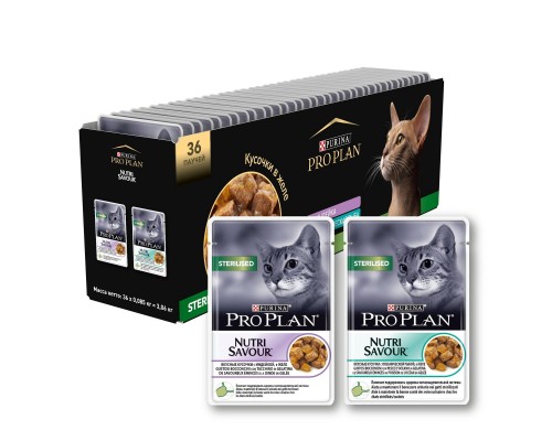 Purina Pro Plan (паучи) мультипак Паучи для кастрированных кошек 36шт (индейка, океаническая рыба в желе)