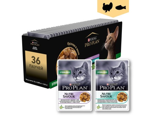 Purina Pro Plan (паучи) мультипак Паучи для кастрированных кошек 36шт (индейка, океаническая рыба в желе)