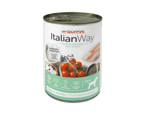 Italian Way Консервы  безглютеновые, для собак всех пород: профилактика аллергии, форель и черника, низкокалорийные 400 г