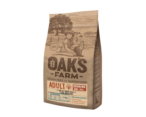 Корм OAKS FARM беззерновой, для взрослых кошек от 1 года, с сельдью 2 кг