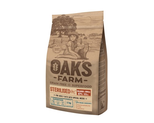 Корм OAKS FARM беззерновой, для стерилизованных кошек от 1 года, с лососем и крилем 2 кг