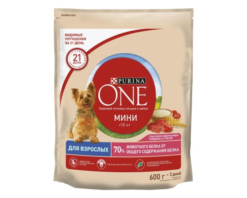 Корм Purina One для собак мелких пород с активным образом жизни, с высоким содержанием говядины и с рисом 600 г