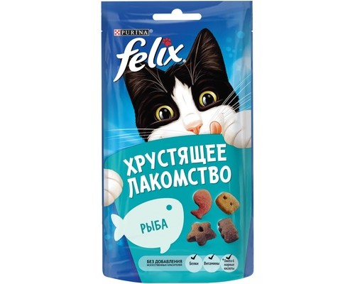 Felix хрустящее Лакомство. Корм сухой неполнорационный для взрослых кошек, со вкусом рыбы 60 г