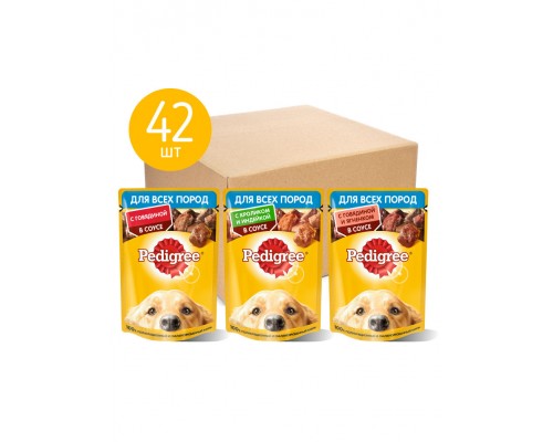 Pedigree набор паучей для взрослых собак, три вкуса (42шт х 85г) 3,57 кг