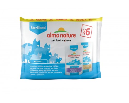 Almo Nature (консервы) набор паучей для кастрированных котов и кошек, с треской и курицей, 6 шт.