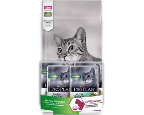 Корм Purina Pro Plan промо-набор 1,5кг + 4 пауча: сухой корм для кастрированных кошек, с уткой и печенью 1,84 кг