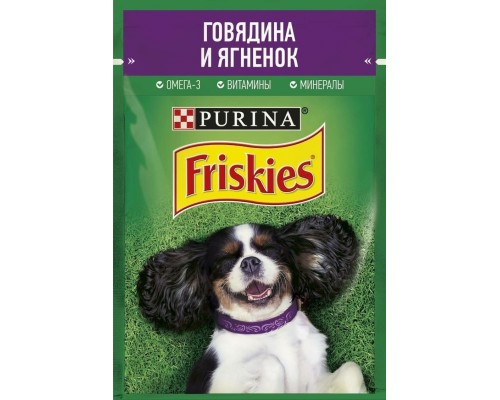 Friskies влажный корм для взрослых собак, кусочки с говядиной и ягненком в подливе 85 г