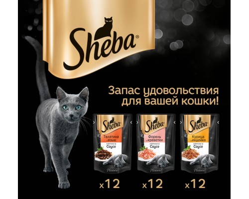 Sheba набор паучей для кошек, ломтики в соусе (курица и индейка 12шт х 85г, телятина и язык 12шт х 85г, форель и креветки 12шт х 85г)