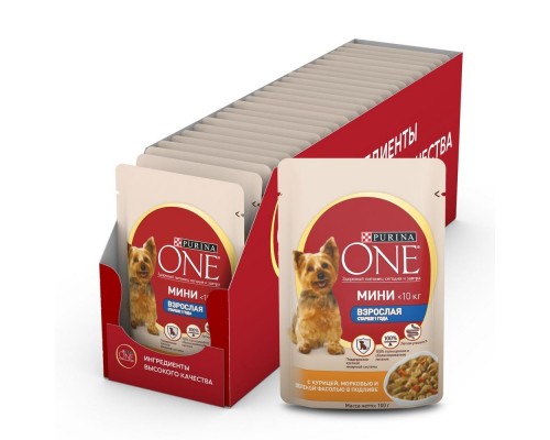 Purina One  Взрослая для собак мелких пород старше 1 года, с курицей, морковью и зеленой фасолью в подливе 85 г