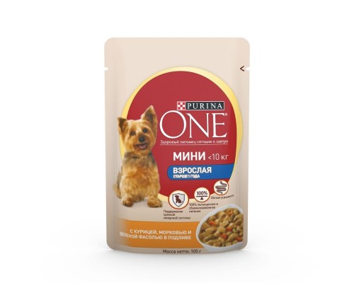 Purina One  Взрослая для собак мелких пород старше 1 года, с курицей, морковью и зеленой фасолью в подливе 85 г