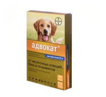 Elanco  Адвокат капли для щенков и собак 25-40 кг от блох, клещей и глистов, 3 пипетки 10 г