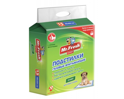 Mr.Fresh подстилка-пеленка для кошек и собак Expert Start, впитывающая, 40 см*60 см, 15 шт 300 г