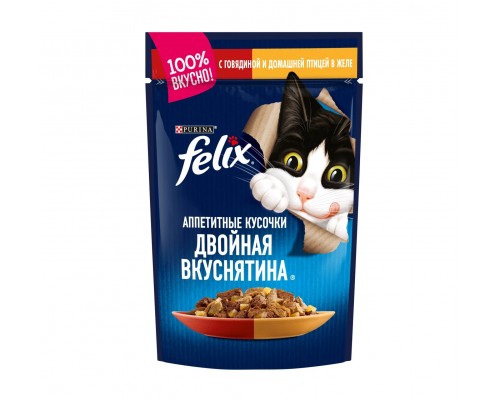 Felix двойная вкуснятина для взрослых кошек, с говядиной и домашней птицей, в желе,