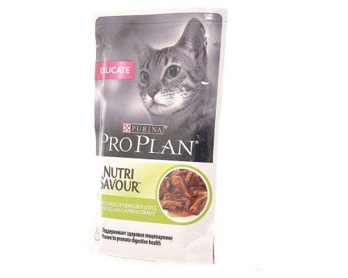 Purina Pro Plan (паучи) влажный корм Nutri Savour для взрослых кошек с чувствительным пищеварением или с особыми предпочтениями в еде, с ягненком в соусе