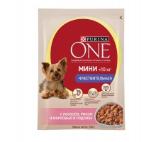 Purina One паучи с лососем для взрослых собак малых пород с чувствительным пищеварением, с лососем, рисом и морковью 100 г