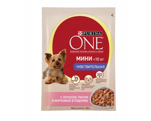 Purina One паучи с лососем для взрослых собак малых пород с чувствительным пищеварением, с лососем, рисом и морковью 100 г