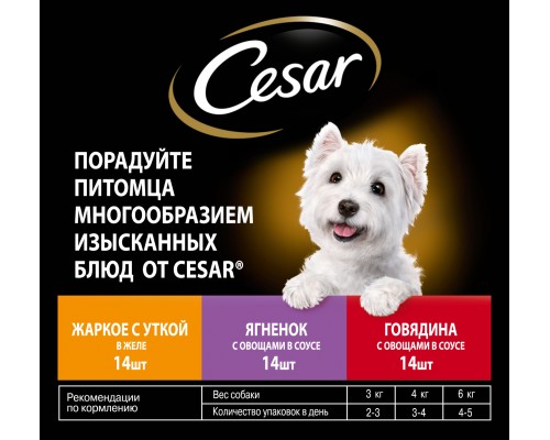 Cesar набор паучей для собак, три вкуса (паучи "желе" 14шт х 85г и паучи "ломтики в соусе" 28шт х 85г) 3,57 кг