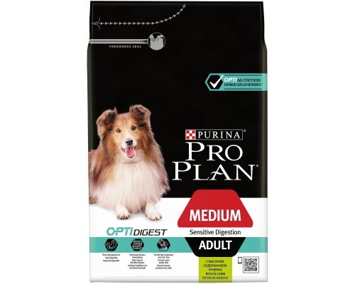 Корм Purina Pro Plan для взрослых собак средних пород с чувствительным пищеварением, с высоким содержанием ягненка