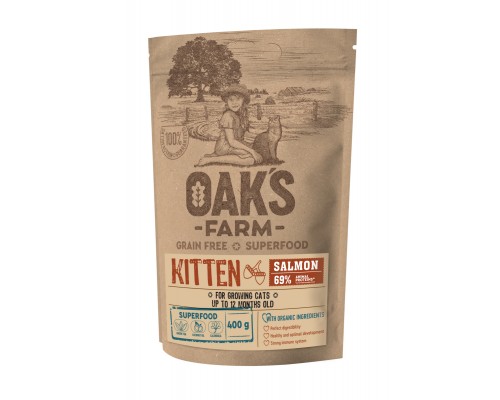 Корм OAKS FARM беззерновой, для котят до 12 месяцев, с лососем 400 г