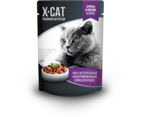 X-CAT влажный корм c курицей и кроликом в соусе для кошек