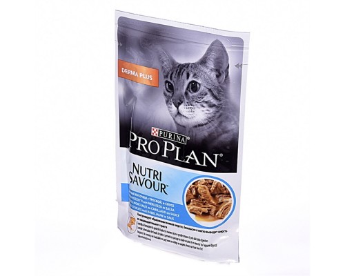 Purina Pro Plan (паучи) для взрослых кошек с чувствительной кожей, нежные кусочки с треской, в соусе