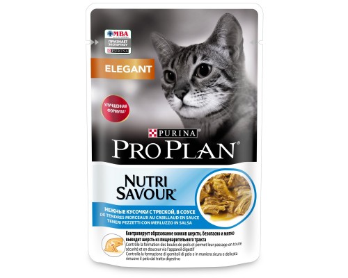 Purina Pro Plan (паучи) для взрослых кошек с чувствительной кожей, нежные кусочки с треской, в соусе