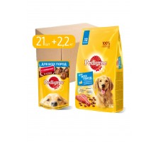 Pedigree набор кормов для взрослых собак, с говядиной (сухой корм 2,2кг и паучи 21шт х 85г) 3,99 кг