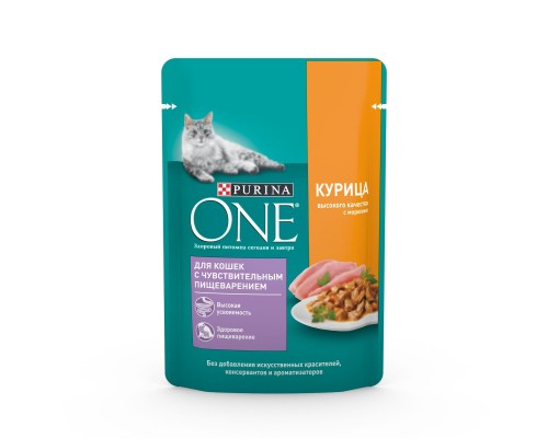 Purina One паучи для кошек с чувствительным пищеварением, с курицей и морковью