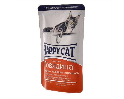 Happy cat кусочки в желе с говядиной, печенью и горохом