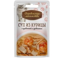 Деревенские лакомства консервы для кошек  «Суп из курицы с креветкой и гребешком»