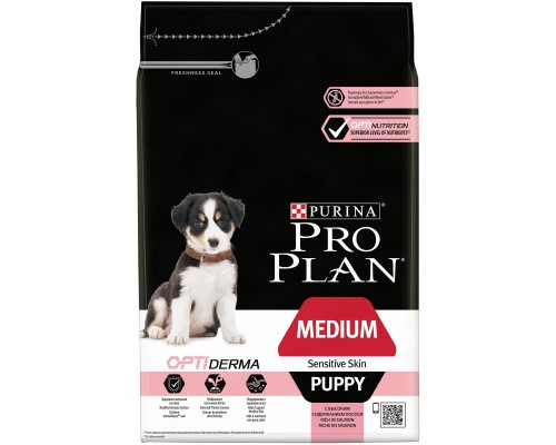 Корм Purina Pro Plan для щенков средних пород с чувствительной кожей, с высоким содержанием лосося 1,5 кг