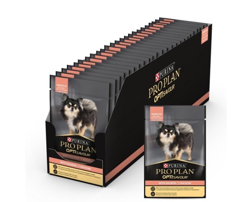 Purina Pro Plan консервы паучи для взрослых собак с чувствительным пищеварением: кусочки в соусе с лососем 100 г