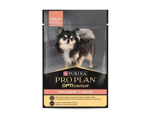 Purina Pro Plan консервы паучи для взрослых собак с чувствительным пищеварением: кусочки в соусе с лососем 85 г