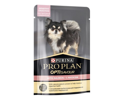 Purina Pro Plan консервы паучи для взрослых собак с чувствительным пищеварением: кусочки в соусе с лососем 85 г