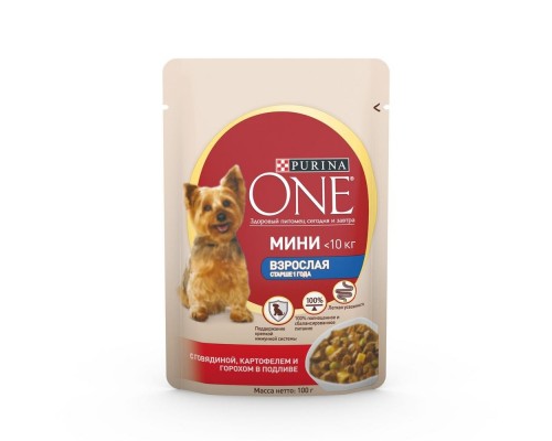 Purina One  Взрослая для собак мелких пород старше 1 года, с говядиной, картофелем и горохом в подливе 85 г