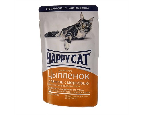 Happy cat кусочки в желе с цыпленком, печенью и морковью