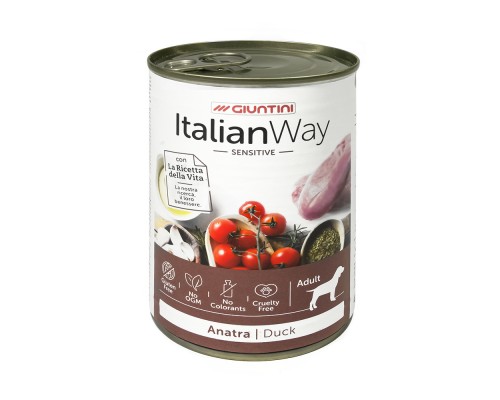 Italian Way Консервы  безглютеновые, для собак всех пород с чувствительным пищеварением, с уткой, томатами и картофелем 400 г