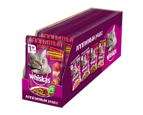 Whiskas "Аппетитный микс" домашняя птица и говядина в томатном желе для кошек