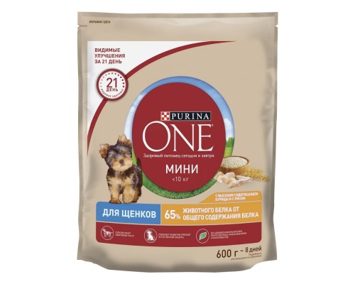 Корм Purina One  для щенков мелких и карликовых пород, с высоким содержанием курицы и с рисом 600 г