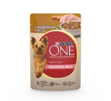 Purina One контроль веса, для взрослых собак мелких пород с низкой физической активностью или склонных к набору веса, с индейкой, морковью и горохом в подливе 85 г