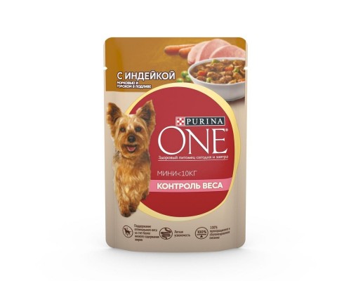 Purina One контроль веса, для взрослых собак мелких пород с низкой физической активностью или склонных к набору веса, с индейкой, морковью и горохом в подливе 85 г