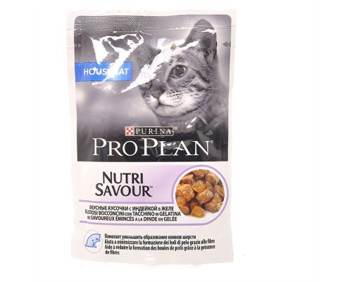 Purina Pro Plan (паучи) влажный корм Nutri Savour для взрослых кошек, живущих дома, вкусные кусочки с индейкой, в желе