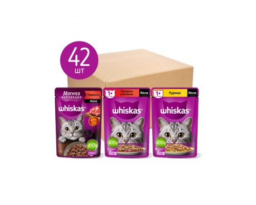 Whiskas набор паучей для кошек, три вкуса (паучи "желе" 28шт х 75г и паучи "Мясная коллекция" 14шт х 75г)