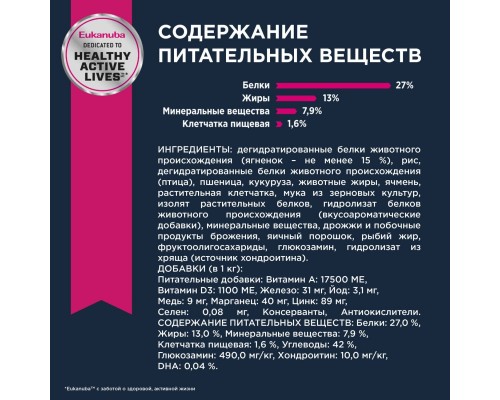 Корм Eukanuba для пожилых собак, с ягненком и рисом 2,5 кг