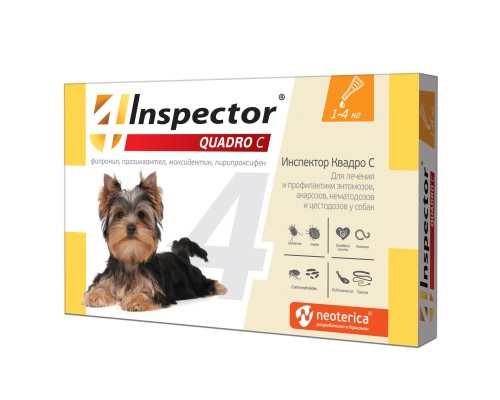 Inspector  Quadro капли на холку для собак весом 1-4 кг от клещей, насекомых, глистов 0,4 мл