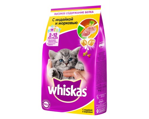 Корм Whiskas сухой корм для котят Вкусные подушечки с молочной начинкой. "Аппетитное ассорти с индейкой и морковью" 1,9 кг