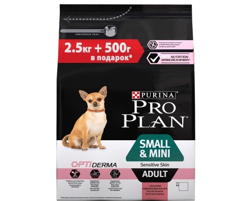 Корм Purina Pro Plan для взрослых собак мелких и карликовых пород с чувствительной кожей, с высоким содержанием лосося